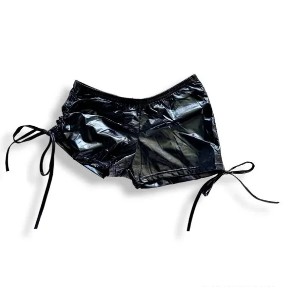 Metallic black wet-look triangle bralette + gathered tie hot pants Fits AU 6-10 - Picture 3 of 16